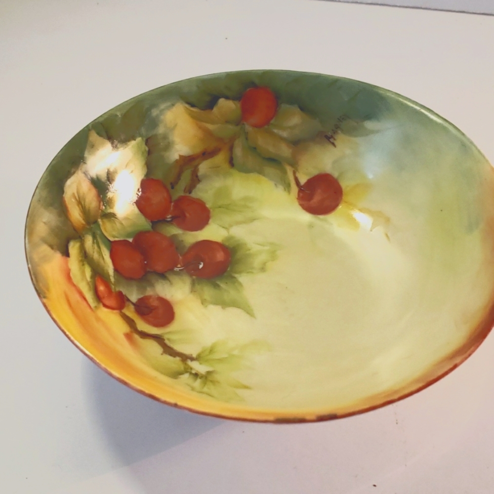 Antique German made KPM Porcelin berry bowl Handpainted cherries. KRISTER 1920s